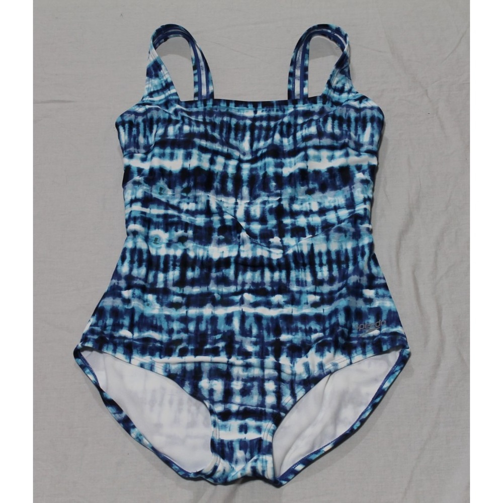 Speedo One Piece Swimsuit Tie Dye Blue Square Neck Full Coverage Women's Size M